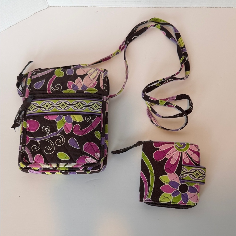 Vintage Vera Bradley Purple Punch Mini Hipster Crossbody Bag and Wallet Set EUC